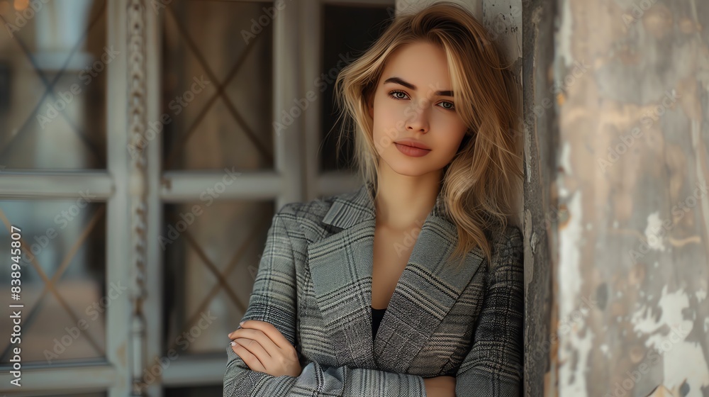 Young woman with blonde hair leaning against a window Young woman with blonde hair leaning against a window