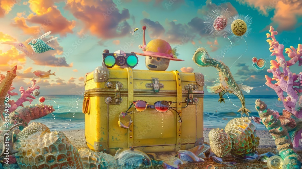 Naklejka premium A surreal depiction of a yellow suitcase with whimsical sunglasses