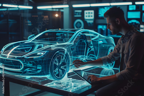 automotive engineer with car model hologram and man on tablet designing, digital automotive, and evening overlay. generative ai