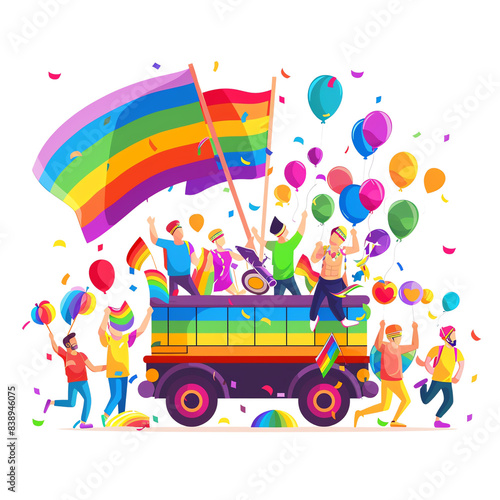 A vibrant parade with people celebrating, waving rainbow flags, and holding colorful balloons.