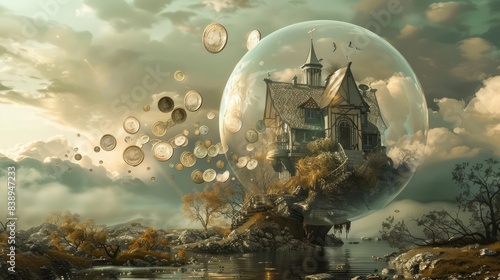 A surreal scene with a whimsical cottage perched precariously atop a giant bubble, surrounded by oversized, levitating coins in a dreamlike, otherworldly landscape