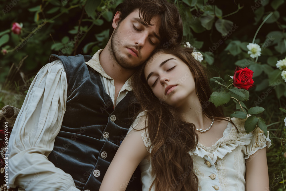 young woman with long brown hair, wearing a vintage velvet dress and white lace collar laying on the lap of an elegant man dressed like a fantasy prince. young woman with long brown hair, wearing a vintage velvet dress and white lace collar laying on the lap of an elegant man dressed like a fantasy prince.