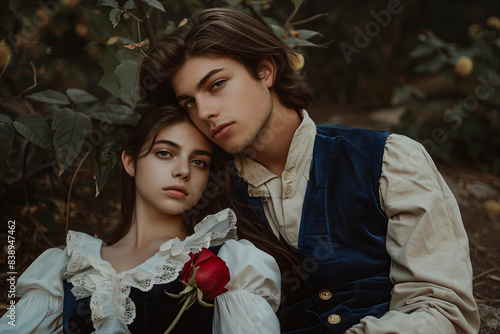 young woman with long brown hair, wearing a vintage velvet dress and white lace collar laying on the lap of an elegant man dressed like a fantasy prince.  photo