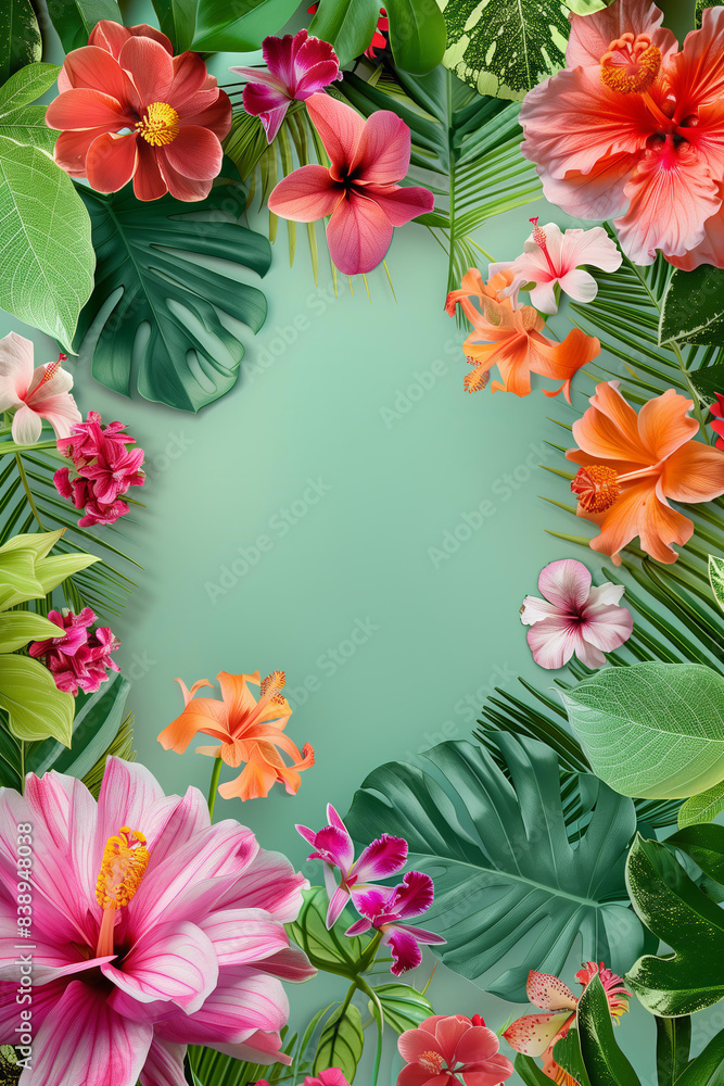 vibrant floral boarder frame background with an array of bright pink, orange and green flowers, including dahlia, orchid and hibiscus, arranged around the edges on a pastel green backdrop