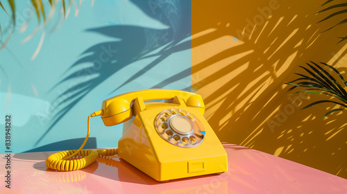 yellow vintage phone on a table, with a vibrant background featuring bold shapes and contrasting colors of blue and yellow, creating an atmosphere reminiscent of the '80s pop art era photo