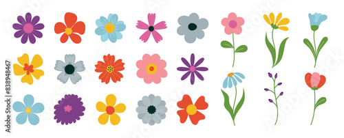 Collection of spring colorful flower elements vector. Set floral of wildflower, leaf branch, foliage on white background. Hand drawn blossom illustration for decor, easter, thanksgiving, clipart.