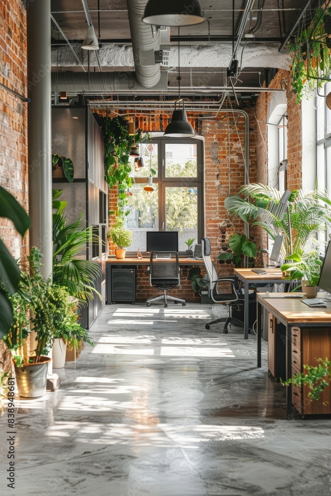 Fototapeta premium Modern Industrial Office Space with Greenery and Natural Light, Exposed Brick Walls, and Contemporary Furniture in an Open-Plan Layout