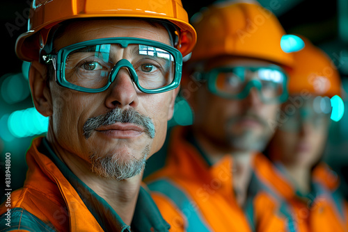 Three men wearing orange safety gear and goggles are standing together. One of them has a mustache. Concept of professionalism and safety in a work environment photo