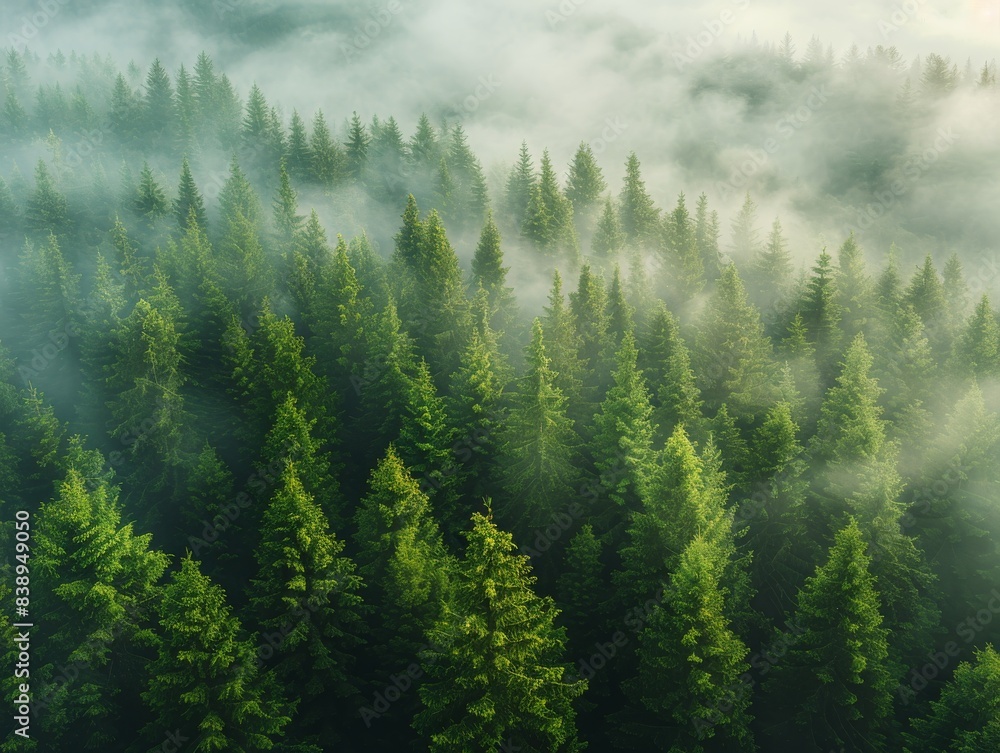 Serene Aerial View of Misty Morning Forest with Tall Trees in Muted Green and Grey Tones - Wide Shot Unsplash Photography Style Serene Aerial View of Misty Morning Forest with Tall Trees in Muted Green and Grey Tones - Wide Shot Unsplash Photography Style