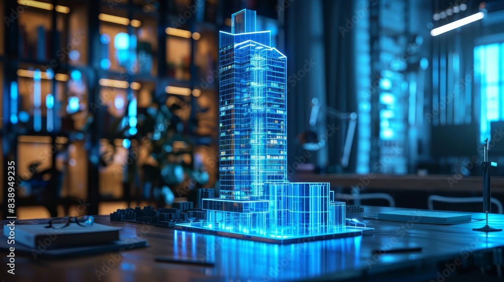 Futuristic blue holographic 3D model of a miniature skyscraper displayed on a table in a real estate agency Futuristic blue holographic 3D model of a miniature skyscraper displayed on a table in a real estate agency
