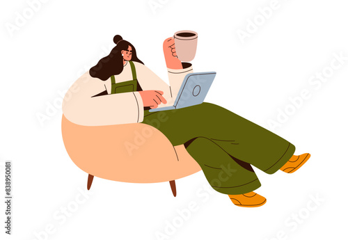 Freelancer working online, sitting in armchair with laptop. Woman, freelance worker holding coffee mug and computer. Remote internet business. Flat vector illustration isolated on white background