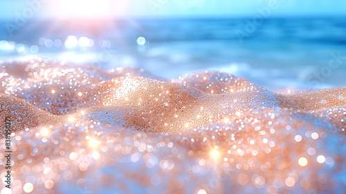 A beach with a sandy surface and a body of water. The sand is covered in glitter, giving it a sparkling appearance. Concept of relaxation and leisure, as people often visit beaches to unwind