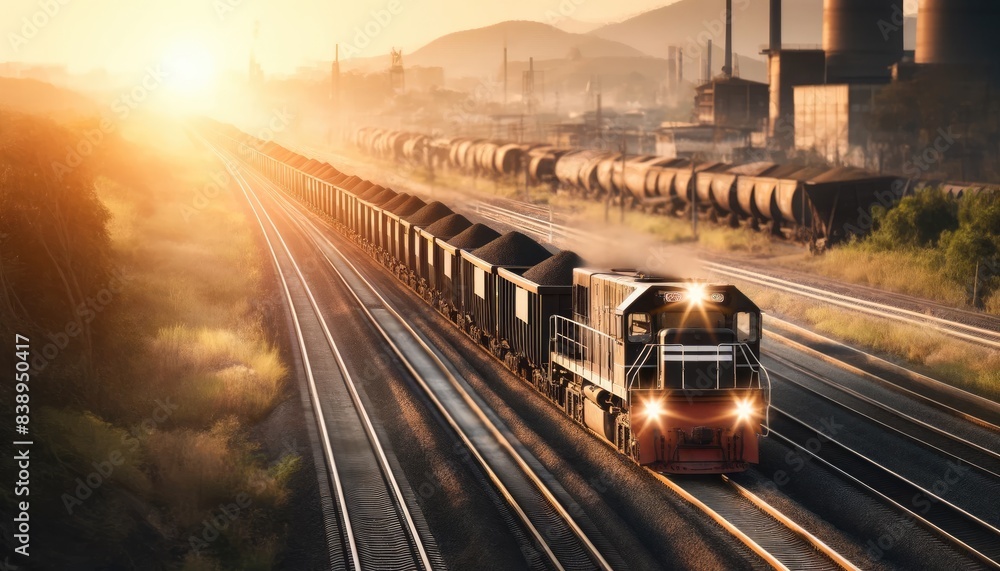 Fototapeta premium A freight train with multiple coal cars traveling along a railway track during the day with a softer sunlight. The scene is set in a rural or industri