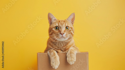 Orange tabby cat sitting in a cardboard box with yellow background. Adorable pet and playful cat concept