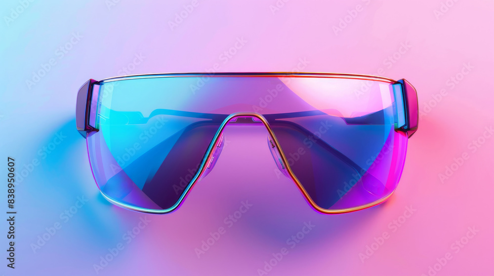 Futuristic sunglasses with vibrant colors and gradient reflection on pink and blue background, fashion accessory concept Futuristic sunglasses with vibrant colors and gradient reflection on pink and blue background, fashion accessory concept