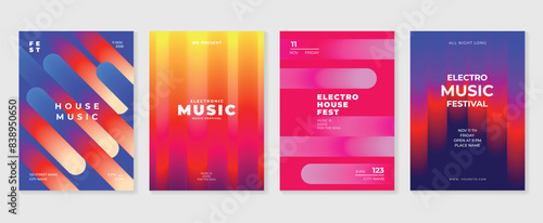 Music poster design background vector set. Electro Sound Cover template with vibrant perspective 3d geometric prism shape. Ideal design for social media, flyer, party, music festival, club.