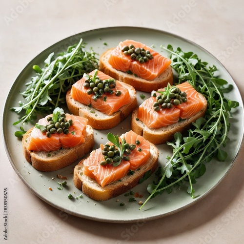 Elegant smoked salmon canapes topped with capers and fresh greens on crusty bread. The appetizing presentation is perfect for gourmet appetizers or a refined meal.