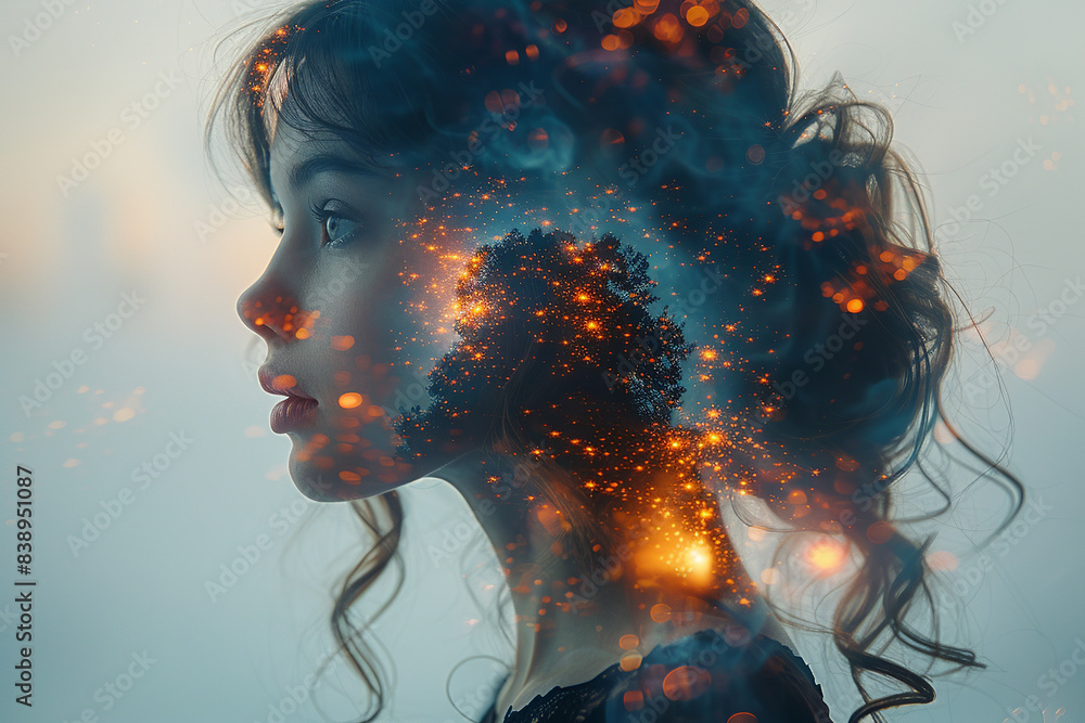 Double exposure photography of caucasian woman, patterns, red, purple, blue palette, natural scenery on white Double exposure photography of caucasian woman, patterns, red, purple, blue palette, natural scenery on white