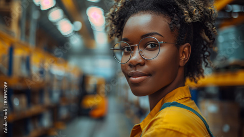 Young woman with glasses in a warehouse  confident expression