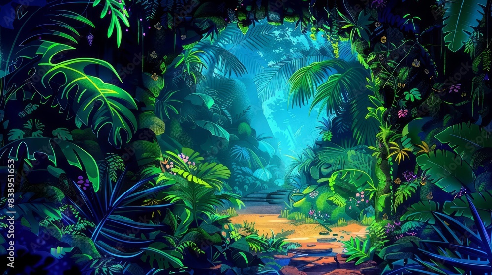 Mystical gateway hidden deep within a vibrant, dense jungle depicted in whimsical cartoon style Mystical gateway hidden deep within a vibrant, dense jungle depicted in whimsical cartoon style