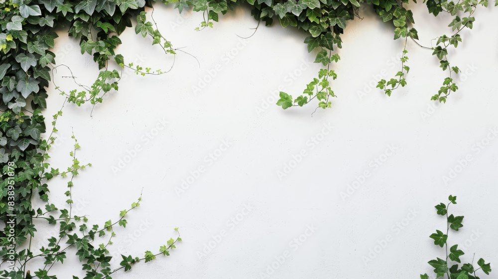 Green ivy vines climbing on a white wall, minimalist nature background. Botanical simplicity and natural decor concept Green ivy vines climbing on a white wall, minimalist nature background. Botanical simplicity and natural decor concept
