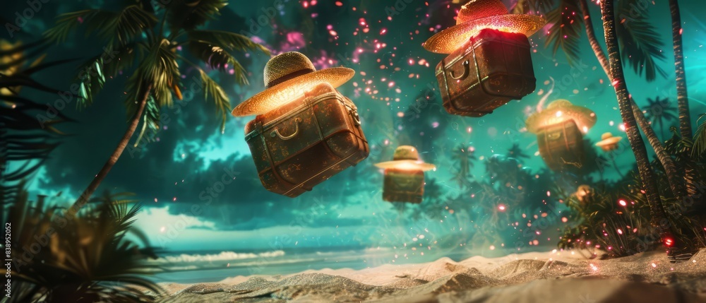 Surreal image of floating suitcases with straw hats, levitating above a tropical beach where the palms have glowing leaves and the sand shimmers with iridescent colors Surreal image of floating suitcases with straw hats, levitating above a tropical beach where the palms have glowing leaves and the sand shimmers with iridescent colors