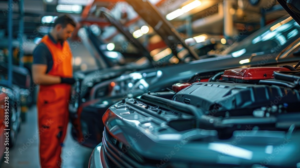 Obraz premium Close-up of a car repair service technician in a car repair station