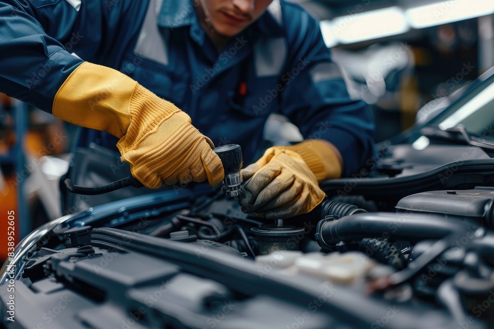 Close-up of a car repair service technician in a car repair station Close-up of a car repair service technician in a car repair station