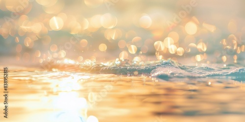 Gentle sea waves illuminated by the warm glow of sunlight. Abstract blur light on clear water close up. Colorful background.
