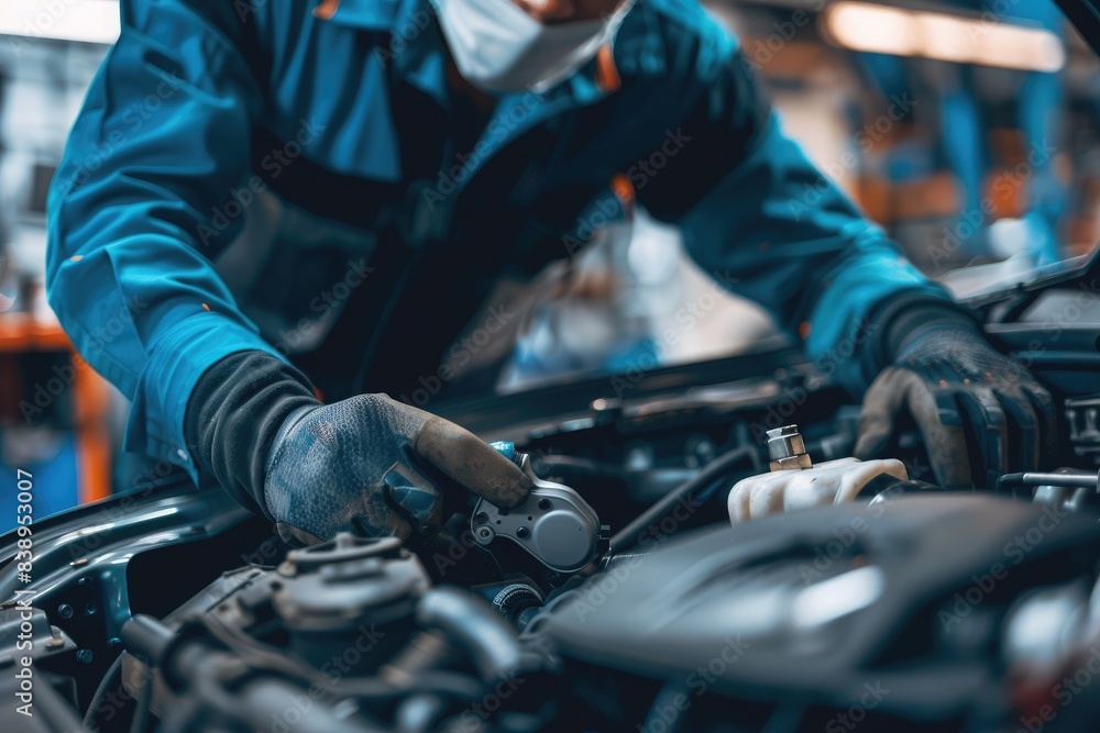 Close-up of a car repair service technician in a car repair station Close-up of a car repair service technician in a car repair station