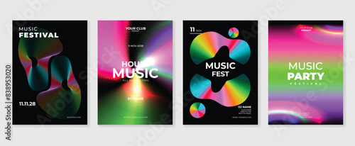 Music poster design background vector set. Electro Sound Cover template with abstract gradient line wave. Ideal design for social media, flyer, party, music festival, club. photo