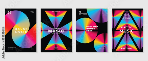 Music poster design background vector set. Electro Sound Cover template with vibrant perspective 3d geometric prism shape. Ideal design for social media, flyer, party, music festival, club.