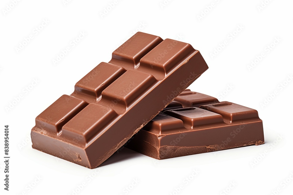 Two delicious milk chocolate bars stacked diagonally, isolated on a pure white background Two delicious milk chocolate bars stacked diagonally, isolated on a pure white background