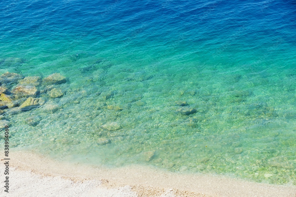 Fototapeta premium iTurquise clear blue sea with sandy beach summer background