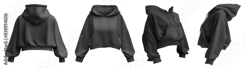 Set of black woman cropped hoodie hoody oversized Drop Shoulder sweatshirt jumper sweater long sleeve, front back side on transparent cutout PNG. Mockup template for artwork design