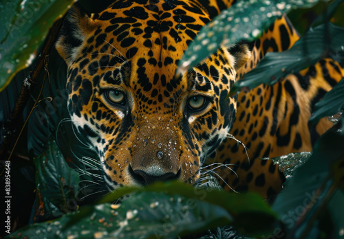 A jaguar in the rain forest  colorful leaves