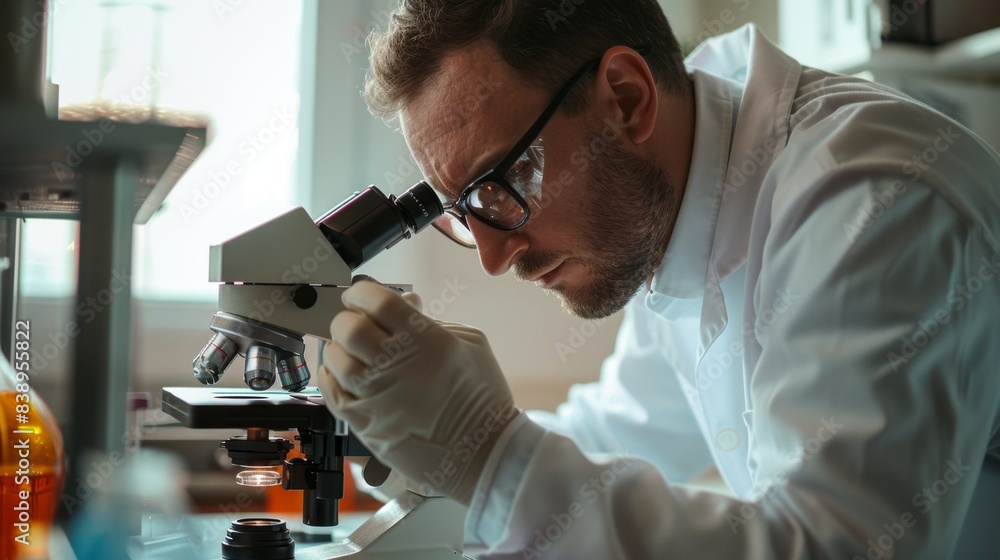 Scientist focuses intently while using a microscope for research in a modern laboratory environment wearing a white lab coat and gloves. Scientist focuses intently while using a microscope for research in a modern laboratory environment wearing a white lab coat and gloves.