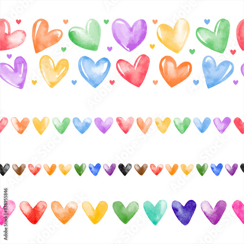 Colorful rainbow LGBT watercolor hearts seamless horizontal vector borders set, frame templates. Hand drawn artistic watercolour hearts, aquarelle stains. Valentine's Day, Gay Pride backgrounds.