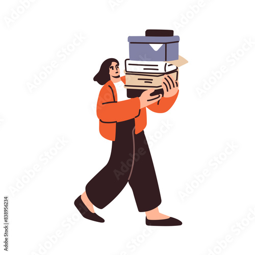 Employee carrying work papers, documents stack. Office worker, female clerk going, holding many files, boxes, business folders in hands, moving. Flat vector illustration isolated on white background