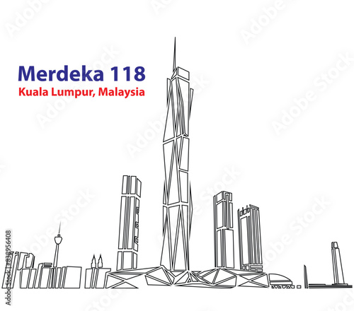 Line Drawing of Merdeka 118 Tower in Kuala Lumpur Malaysia. Outline