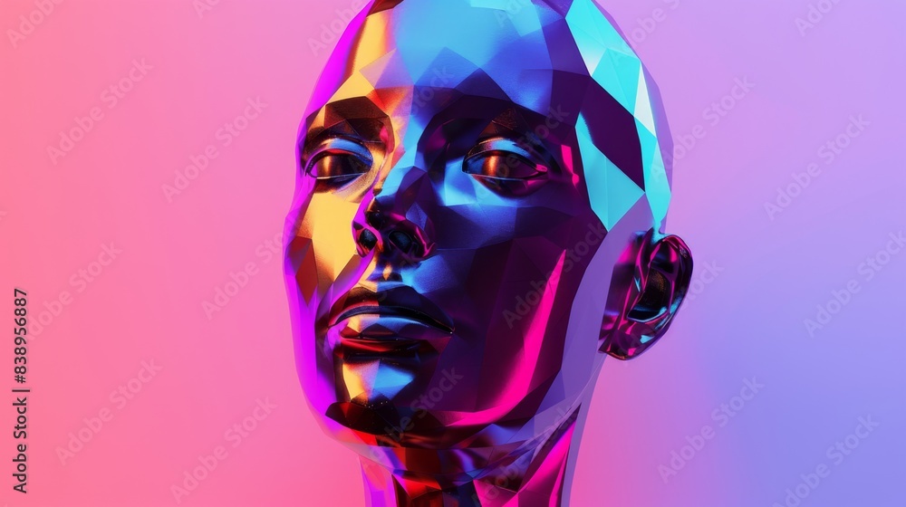 Abstract digital rendering of a futuristic humanoid figure with vibrant, multicolored lighting against a gradient background. Abstract digital rendering of a futuristic humanoid figure with vibrant, multicolored lighting against a gradient background.