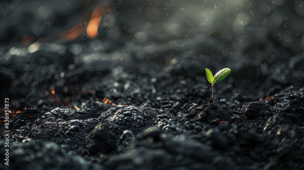 A single green sprout emerging from the blackened earth, a symbol of the forests enduring spirit A single green sprout emerging from the blackened earth, a symbol of the forests enduring spirit
