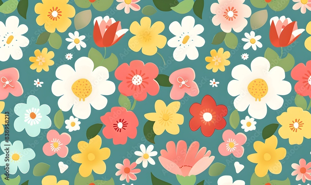 Obraz premium Spring themed Color Seamless Flower Pattern Background, Generative AI