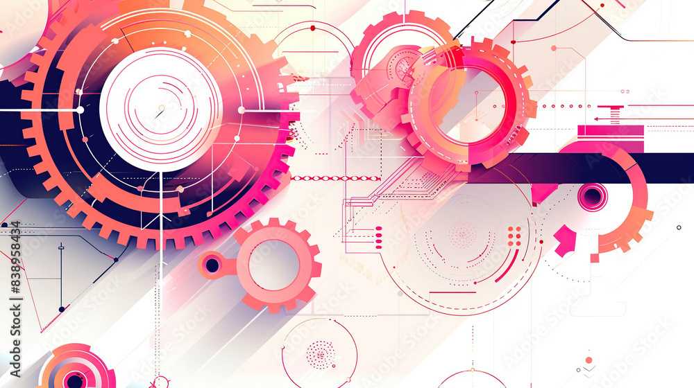 Fototapeta premium abstract vector illustration of gears and tech elements on a white background, with a pink