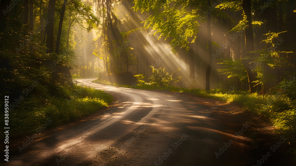 Fototapeta premium Sun rays peek through misty green trees, casting a magical light on a forest path