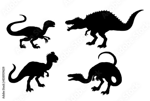 Black silhouette of carnivorous dinosaurs. Velociraptor  Acrocanthosaurus  Crylophosaurus and Coelophysis. Icon illustration. 