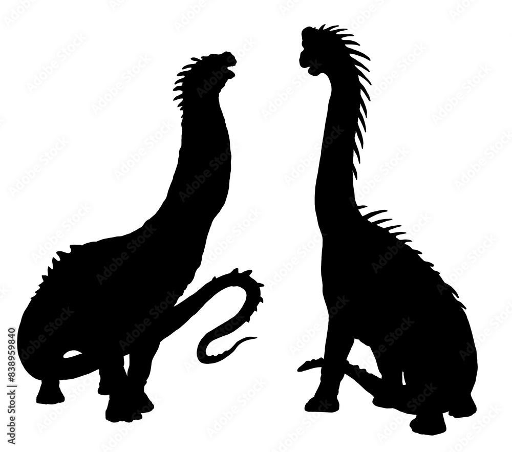 Black silhouette of gigantic herbivorous dinosaur. Giraffatitan and Argentinosaurus. Art illustration. Black silhouette of gigantic herbivorous dinosaur. Giraffatitan and Argentinosaurus. Art illustration.