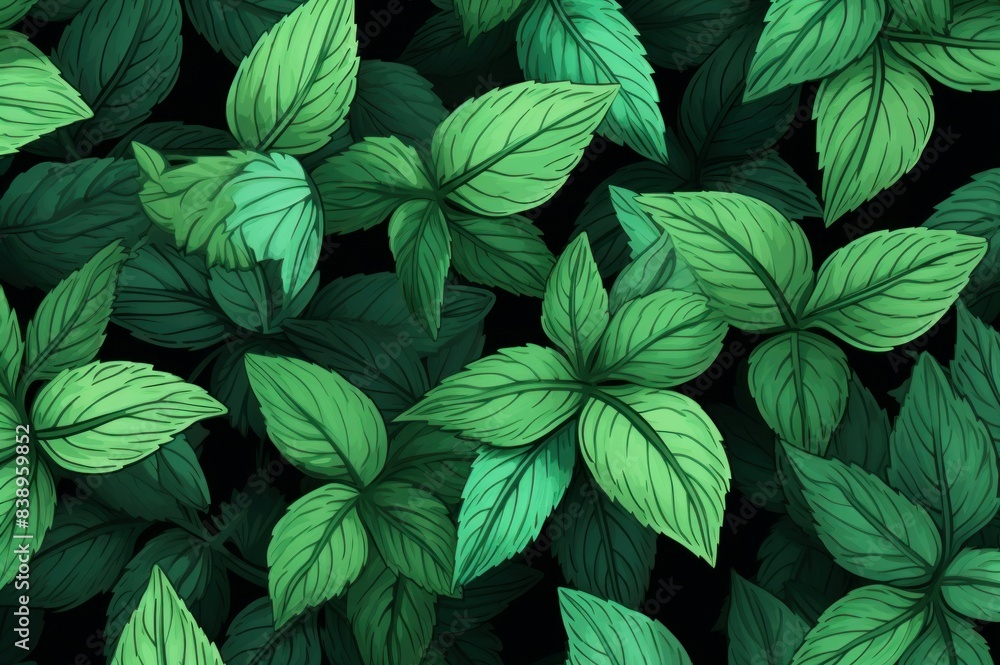 Vibrant, seamless pattern of lush green leaves on a dark background Vibrant, seamless pattern of lush green leaves on a dark background