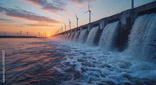 dam flowing water with sunset view 