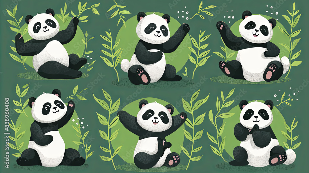 Cartoon illustration of panda yoga set of yoga poses, green background Cartoon illustration of panda yoga set of yoga poses, green background